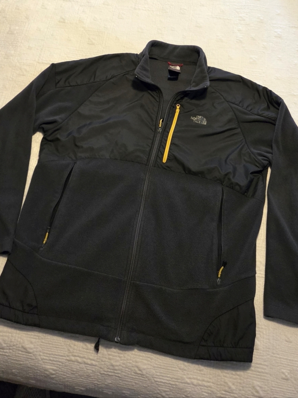 The North Face Men's Black Fleece Hybrid Jacket with Yellow Details, Size XL